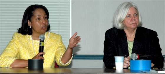 Rosa Atkins and Pam Moran speaking before the June 8th meeting of the Senior Statesmen of Virginia